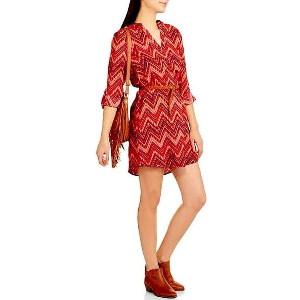 No Boundaries Zig Zag Chevron Printed 3/4 Rolled Tab Sleeve Dress